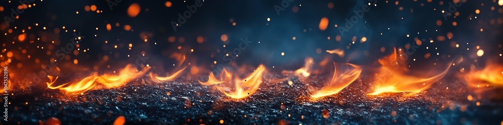 Fiery sparks rising from blazing flames on dark background Fiery sparks rising from blazing flames on dark background