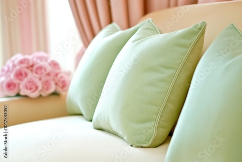 Stylish pastel-themed living room with soft green cushions and romantic pink decor elements photo