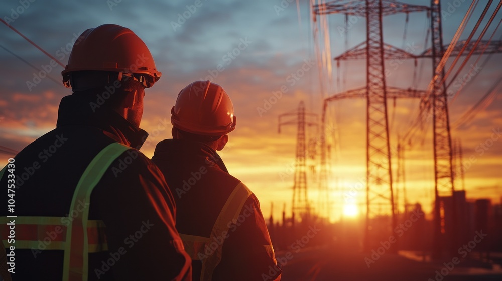 Two men wearing hard hats stand next to each other, looking at a power line Two men wearing hard hats stand next to each other, looking at a power line