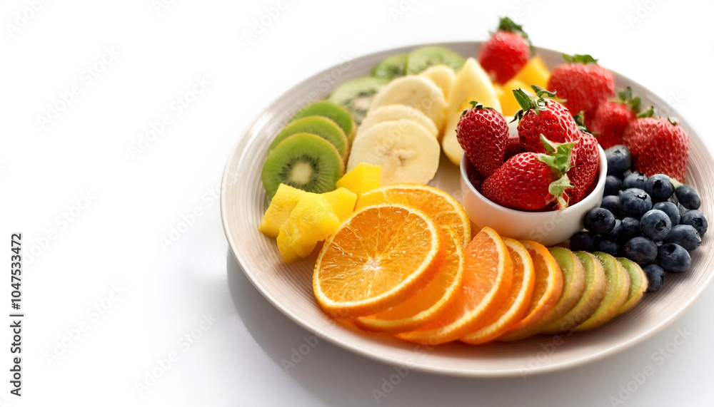 Plate of cut fruit on side position provides copy space for text. background concept isolated white Plate of cut fruit on side position provides copy space for text. background concept isolated white