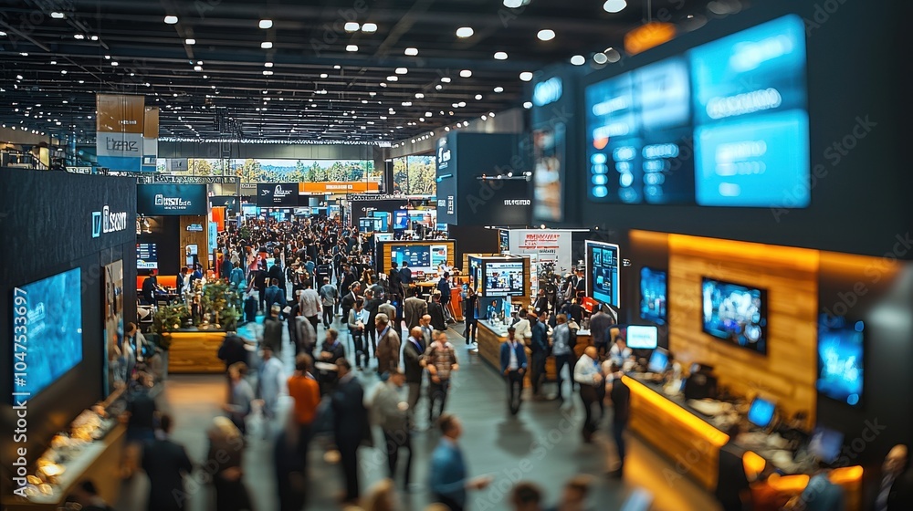 Busy technology conference showcasing numerous booths and attendees engaging in discussions and networking in a modern exhibition center Busy technology conference showcasing numerous booths and attendees engaging in discussions and networking in a modern exhibition center