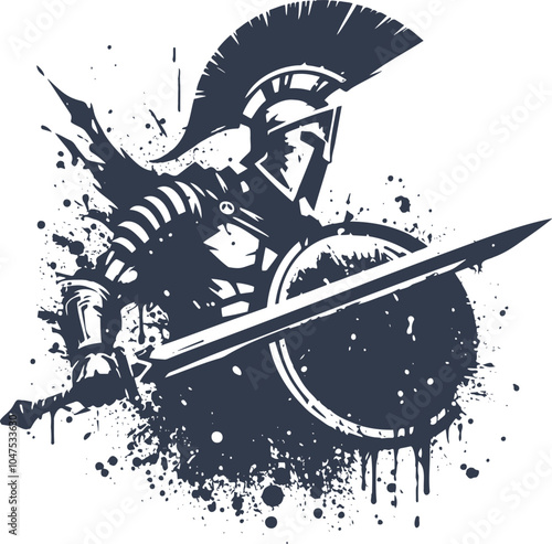 Spartan with sword and shield attacking abstract dynamic silhouette drawing with splashes and blots