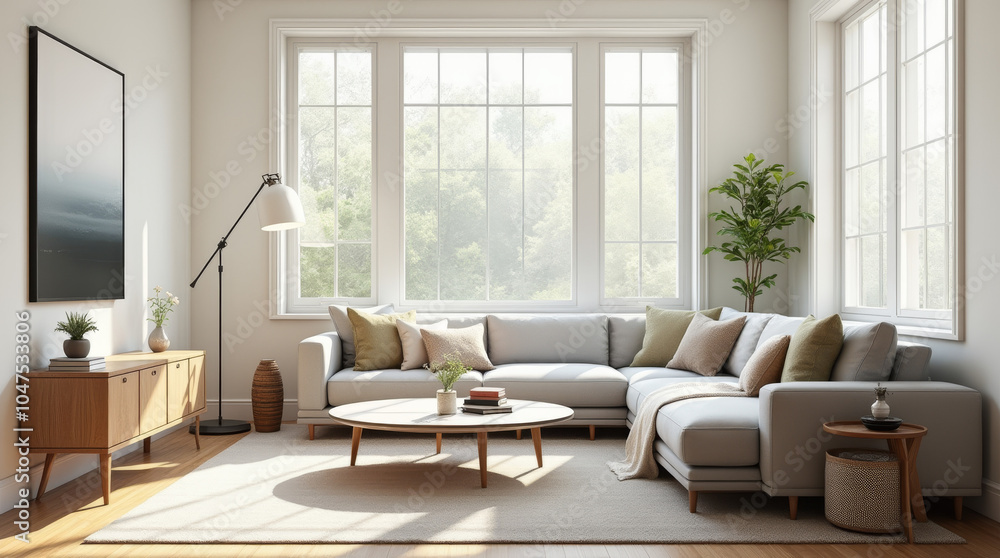 Fototapeta premium Gemütlicher Wohnraum mit großen Fenstern und moderner Einrichtung