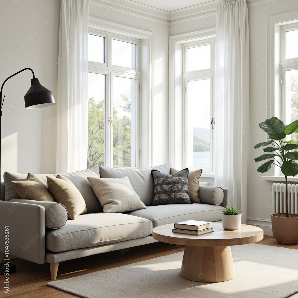 Gemütlicher Wohnraum mit großen Fenstern und moderner Einrichtung
Gemütlicher Wohnraum mit großen Fenstern und moderner Einrichtung