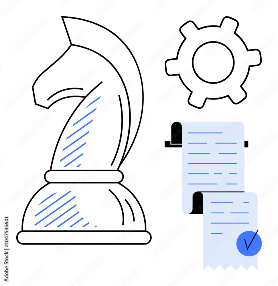Large chess knight beside a gear and a checklist. Ideal for themes of leadership, strategy, project management, decision-making, and productivity. Line art, minimalist style Large chess knight beside a gear and a checklist. Ideal for themes of leadership, strategy, project management, decision-making, and productivity. Line art, minimalist style