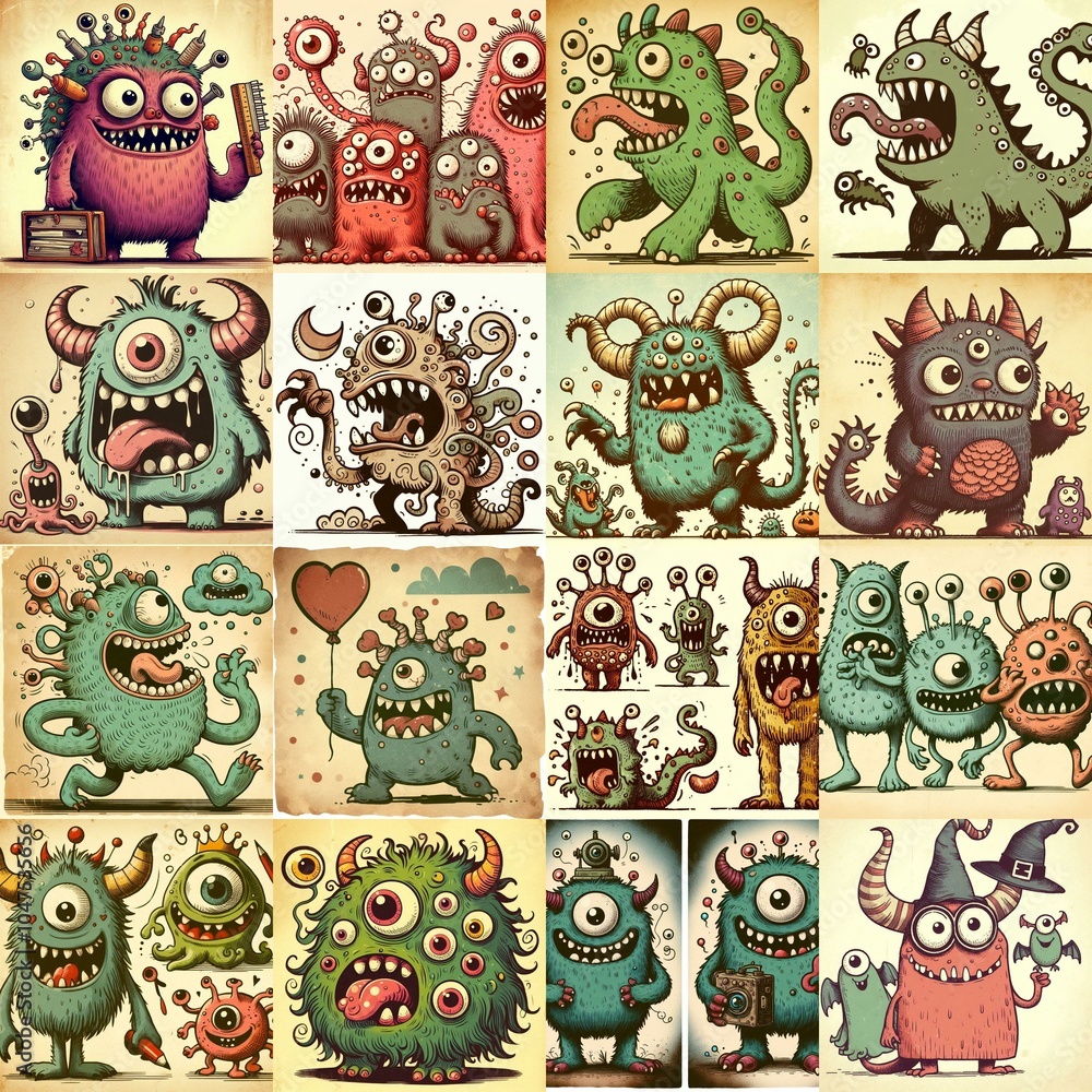 Fototapeta premium Cartoon monsters. Vintage style drawing. AI generated illustration
