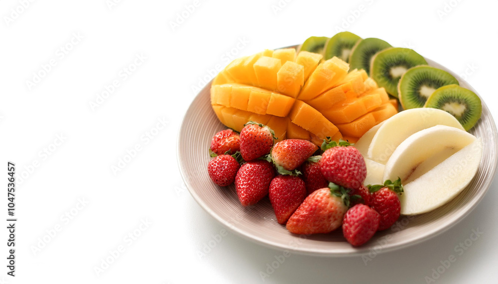 Plate of cut fruit on side position provides copy space for text. background concept isolated white Plate of cut fruit on side position provides copy space for text. background concept isolated white