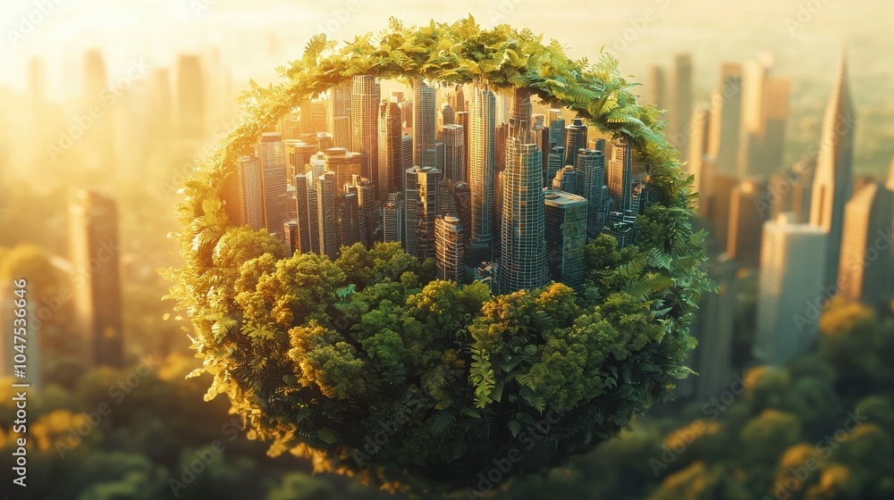 A vibrant cityscape enveloped in green vegetation, showcasing nature's integration with urban architecture at sunset A vibrant cityscape enveloped in green vegetation, showcasing nature's integration with urban architecture at sunset