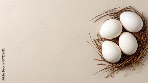 Organic Farm Fresh: Three White Chicken Eggs on Hay Background