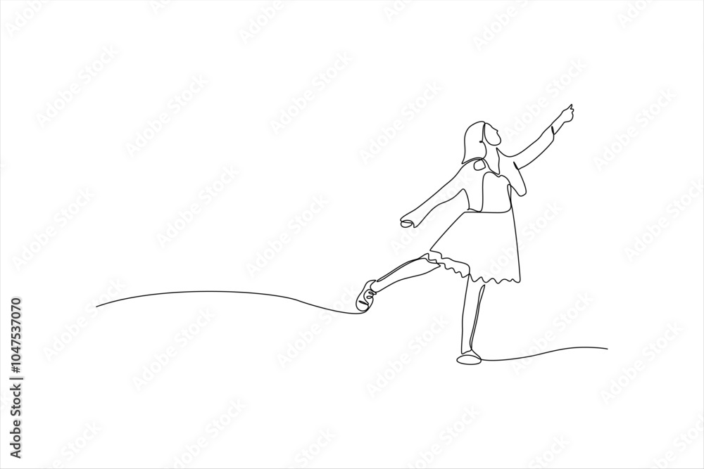 A continuous line drawing of a girl joyfully dancing with one leg raised and arm pointed. A continuous line drawing of a girl joyfully dancing with one leg raised and arm pointed.
