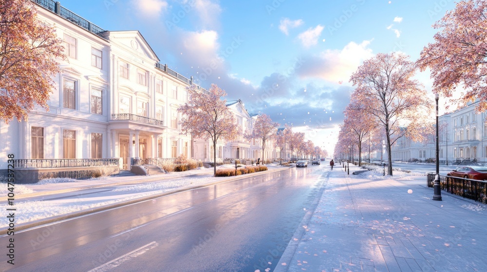 Fototapeta premium Blooming Trees in Spring on City Street