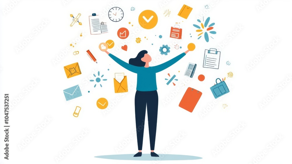 A person stands confidently surrounded by various icons representing productivity, creativity, and time management. A person stands confidently surrounded by various icons representing productivity, creativity, and time management.