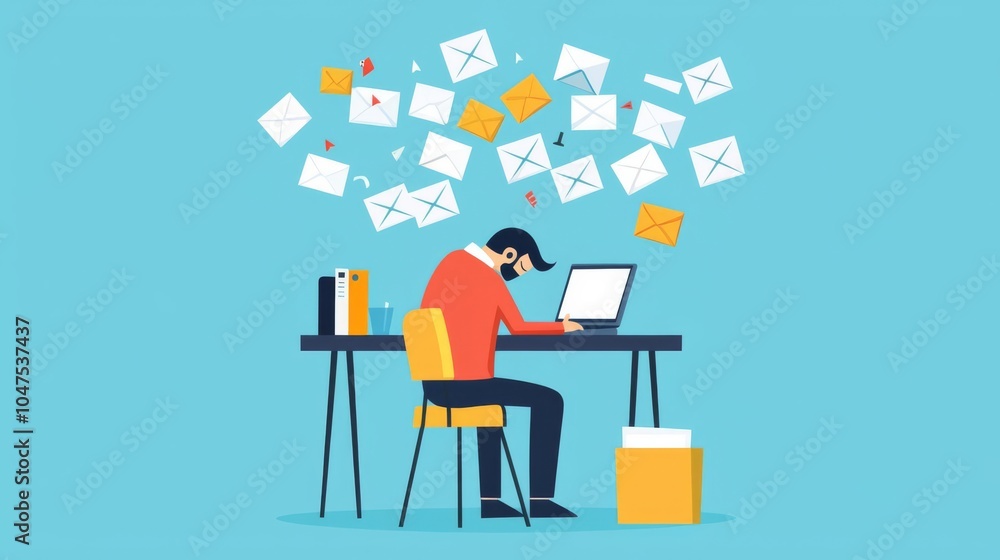 A person overwhelmed by emails while working on a laptop at a desk, showcasing the challenges of modern communication. A person overwhelmed by emails while working on a laptop at a desk, showcasing the challenges of modern communication.