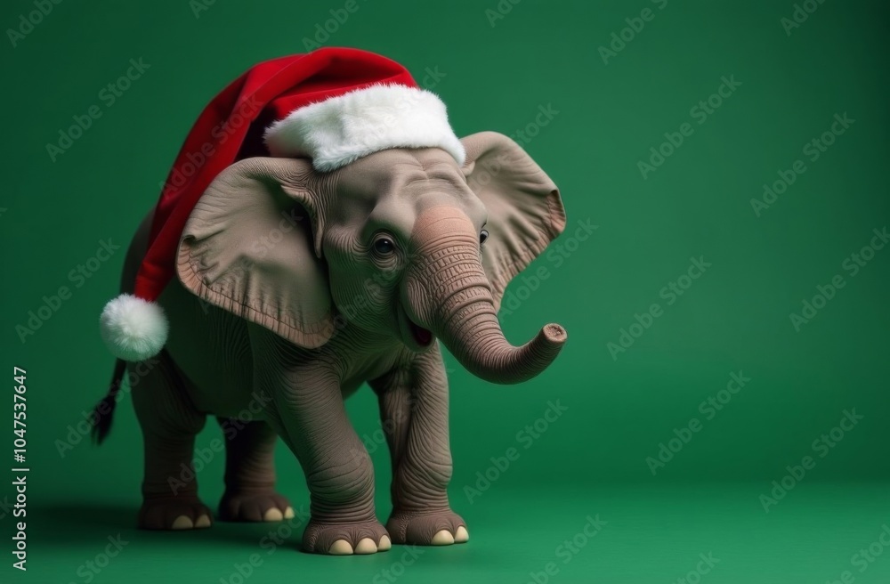 New Year elephant Portrait in Santa Claus Hat on Green Background, Christmas Card with Place for text New Year elephant Portrait in Santa Claus Hat on Green Background, Christmas Card with Place for text