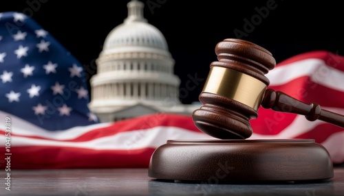 A close-up of the Capitol dome, the White House beneath it, and a gavel poised to strike in the foreground with the American flag as a backdrop. photo