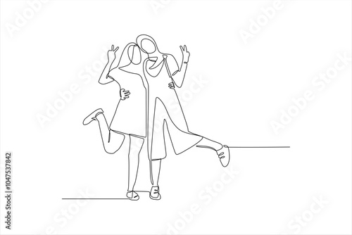 Two friends posing together in a playful, continuous line drawing style.