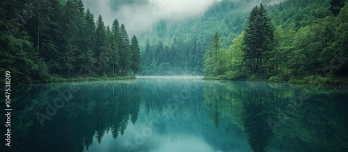 Tranquil lake surrounded by lush green forest with mist in the background, reflecting the beauty of nature.