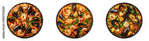 Seafood paella with mussels, shrimp, and rice isolated on transparent PNG background perfect for Spanish cuisine promotions or seafood restaurant ads. photo