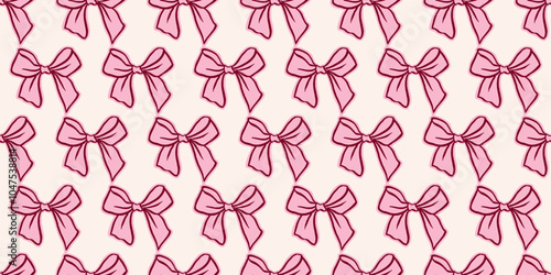 Pink seamless pattern featuring hand-drawn bows. Bow knots and gift ribbons. Soft, feminine background for Valentine's Day. Suitable for whimsical weddings and trendy hair accessories. Wrapping paper.
