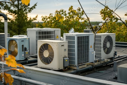 On the rooftop of an industrial building are commercial air conditioning and ventilation equipment, Generative AI.