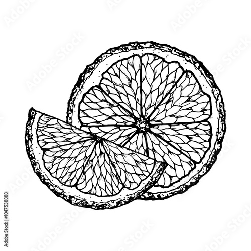 Vector hand drawn ink illustration of tangerine citrus slices for summer, tropical designs, kitchen decor, food packaging, drinks, Christmas prints, farm fruits Clipart for cafe menu and cocktail card