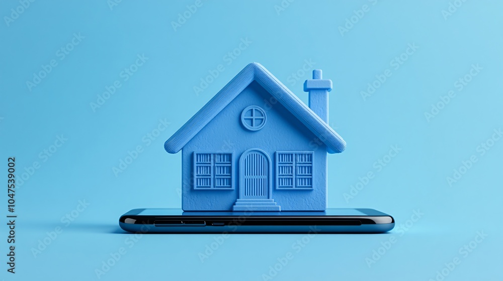 A blue model house sits on a smartphone against a light blue background, symbolizing the integration of technology and homeownership. A blue model house sits on a smartphone against a light blue background, symbolizing the integration of technology and homeownership.