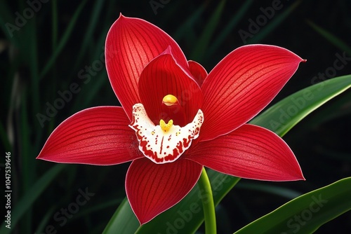 Blooming Wine Red Cymbidium Orchid in Botanical Garden Photograph photo