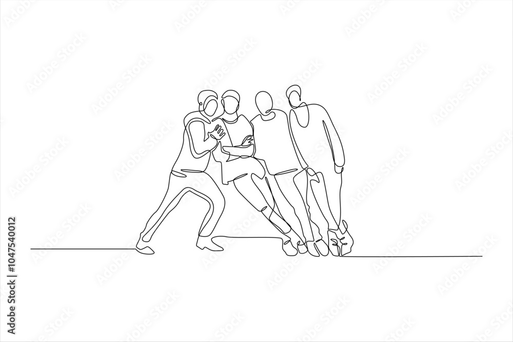 Fototapeta premium A continuous line drawing of four people leaning together, symbolizing friendship and connection.