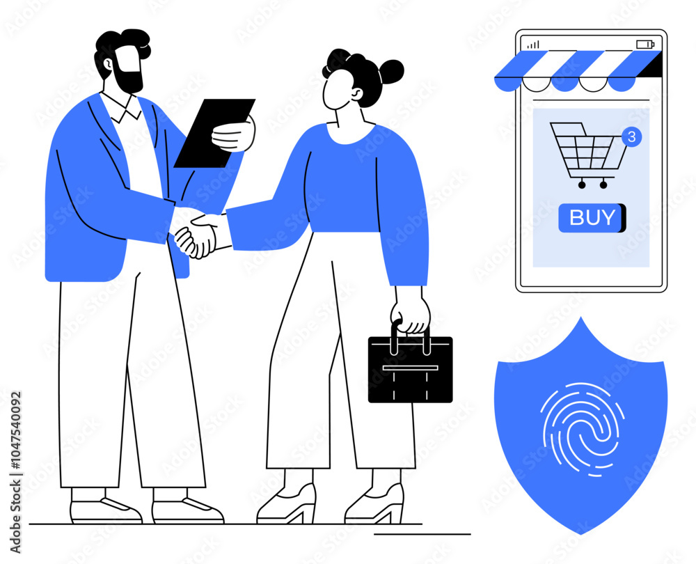 custom made wallpaper toronto digitalTwo individuals shaking hands, one holding a tablet and the other a briefcase. Online purchase icon, fingerprint security shield. Ideal for business agreements, online shopping, security, technology