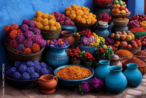 A market scene in Morocco with vibrant textiles, pottery, and people enjoying tea and conversation, representing the vibrant and diverse aspects of Moroccan culture photo