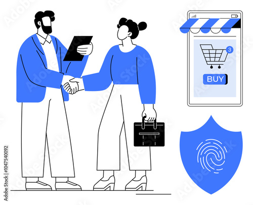 Wallpaper Mural Two individuals shaking hands, one holding a tablet and the other a briefcase. Online purchase icon, fingerprint security shield. Ideal for business agreements, online shopping, security, technology Torontodigital.ca