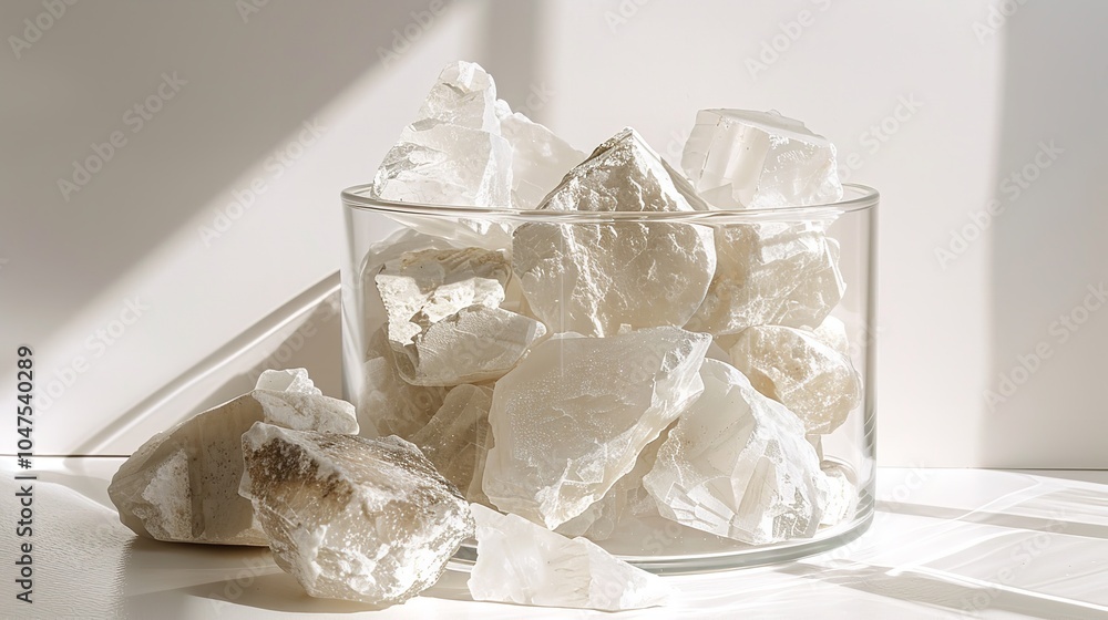 Pieces of white mineral on an illuminated surface in a clear glass container during the day, Generative AI. Pieces of white mineral on an illuminated surface in a clear glass container during the day, Generative AI.