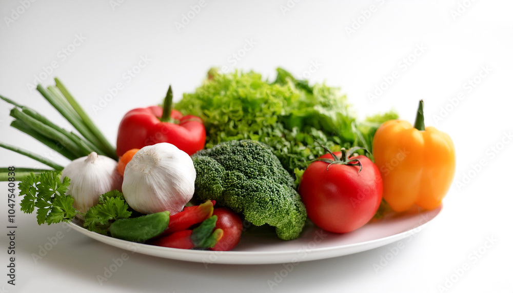 Plate of fresh vegetables on side position provides copy space for text. background concept isolated white Plate of fresh vegetables on side position provides copy space for text. background concept isolated white