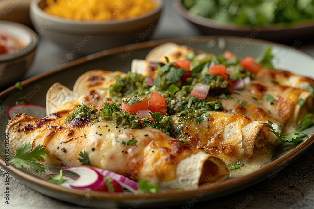 A plate of enchiladas suizas, with chicken-filled tortillas topped with a creamy green salsa and melted cheese A plate of enchiladas suizas, with chicken-filled tortillas topped with a creamy green salsa and melted cheese