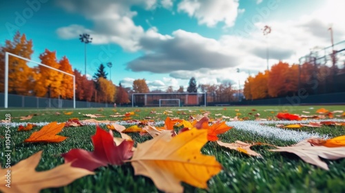 Soccer field with colorful autumn leaves scattered on the ground