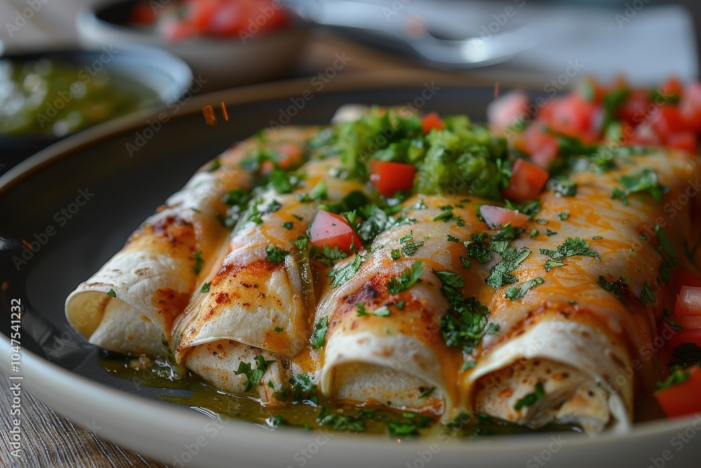 A plate of enchiladas suizas, with chicken-filled tortillas topped with a creamy green salsa and melted cheese A plate of enchiladas suizas, with chicken-filled tortillas topped with a creamy green salsa and melted cheese