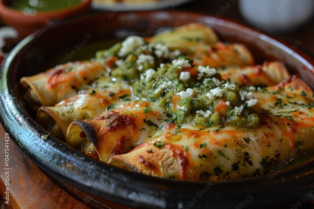 A plate of enchiladas suizas, with chicken-filled tortillas topped with a creamy green salsa and melted cheese A plate of enchiladas suizas, with chicken-filled tortillas topped with a creamy green salsa and melted cheese