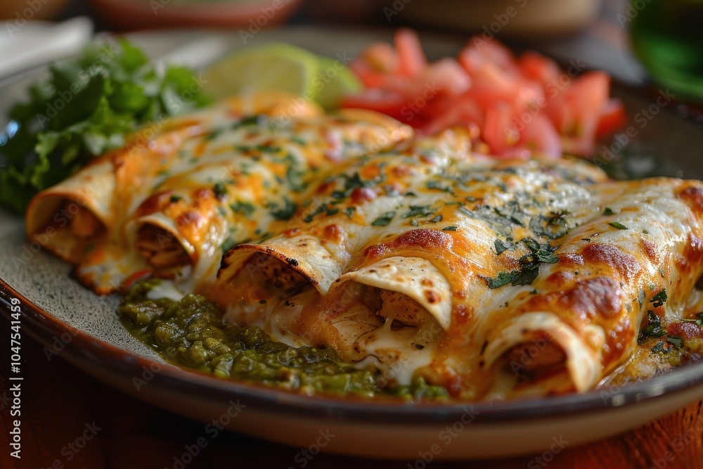 A plate of enchiladas suizas, with chicken-filled tortillas topped with a creamy green salsa and melted cheese A plate of enchiladas suizas, with chicken-filled tortillas topped with a creamy green salsa and melted cheese