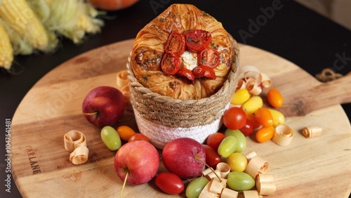 astry with roasted tomatoes rests in natural woven basket, colorful tomatoes, red apples, and wooden curls scattered around, placed on wooden surface creating an eco-friendly display. photo