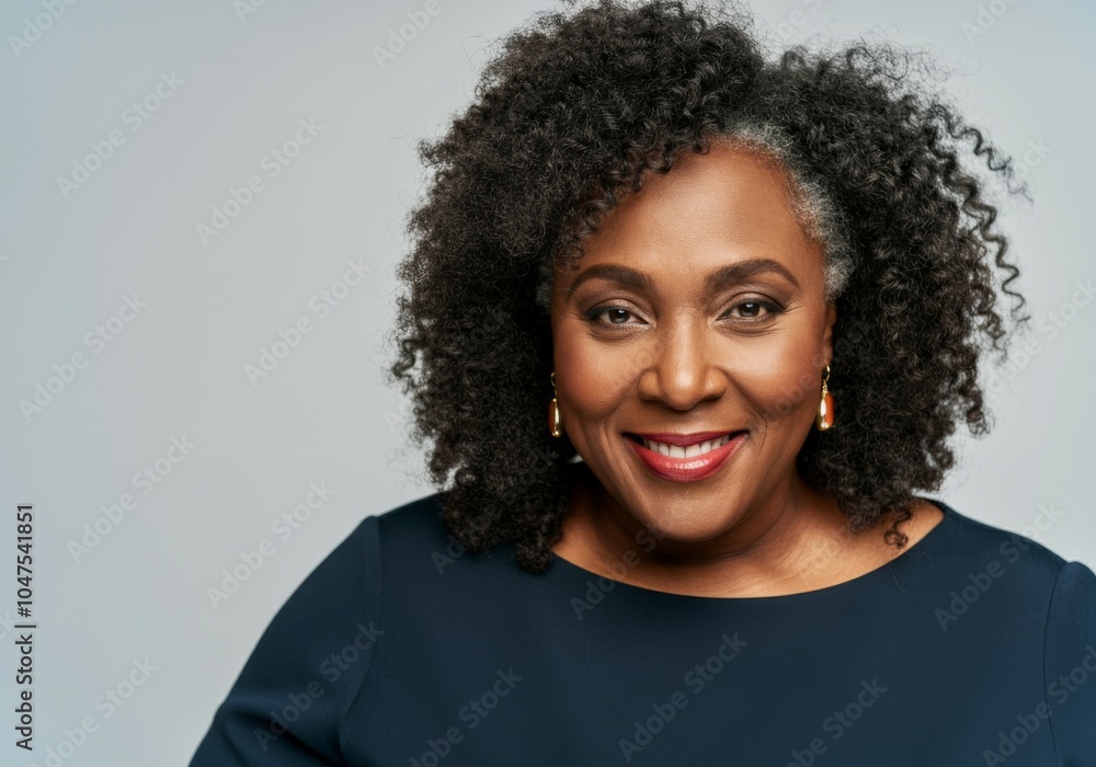 Elegant portrait of a smiling plus size African-American with curly hair in a dark top Elegant portrait of a smiling plus size African-American with curly hair in a dark top