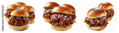 Pulled pork sliders isolated on transparent PNG background perfect for BBQ restaurant ads or party food promotions.