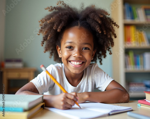 little black african girl smiling, writing with pencil in notebook on the desk, studying .