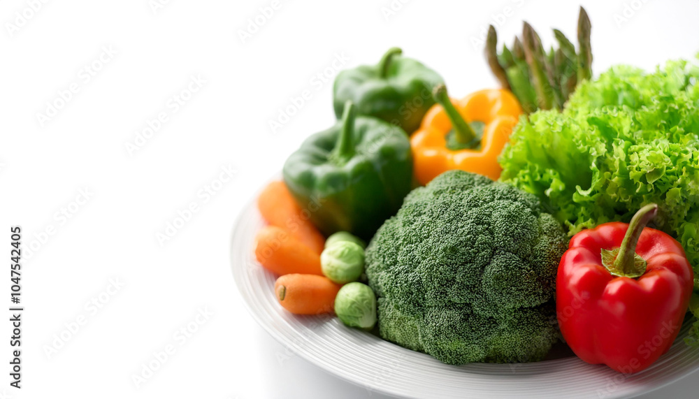 Plate of fresh vegetables on side position provides copy space for text. background concept isolated white Plate of fresh vegetables on side position provides copy space for text. background concept isolated white