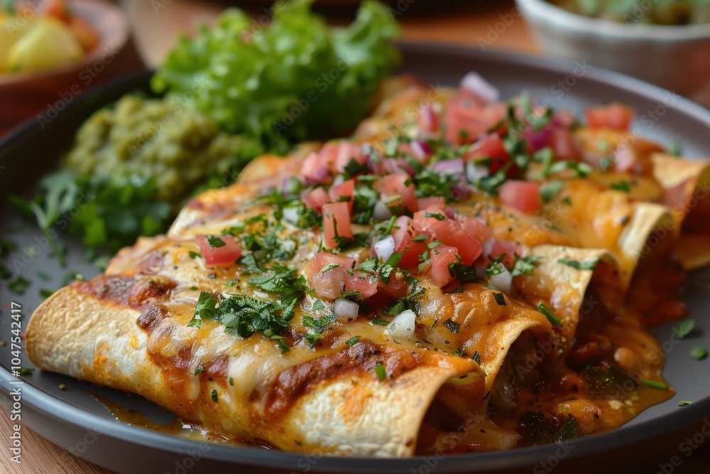 A plate of enchiladas suizas, with chicken-filled tortillas topped with a creamy green salsa and melted cheese A plate of enchiladas suizas, with chicken-filled tortillas topped with a creamy green salsa and melted cheese