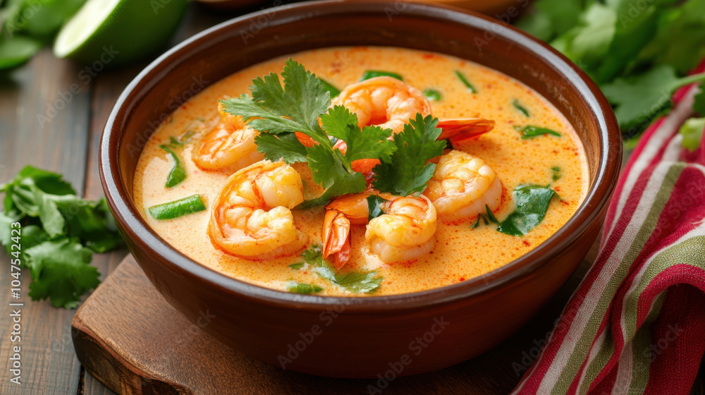 vibrant bowl of traditional Thai shrimp soup, featuring fresh shrimp, aromatic herbs, and rich coconut broth. This dish is delightful blend of flavors and colors vibrant bowl of traditional Thai shrimp soup, featuring fresh shrimp, aromatic herbs, and rich coconut broth. This dish is delightful blend of flavors and colors