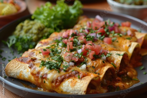 A plate of enchiladas suizas, with chicken-filled tortillas topped with a creamy green salsa and melted cheese