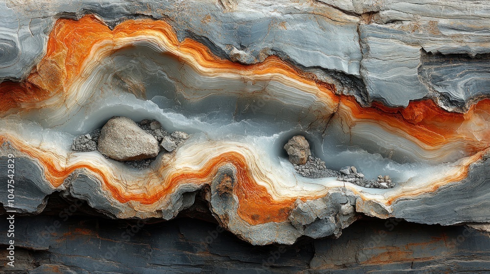 Obraz premium A close-up of a rock formation with orange, white, and gray layers, with two gray rocks embedded in the center of the formation.