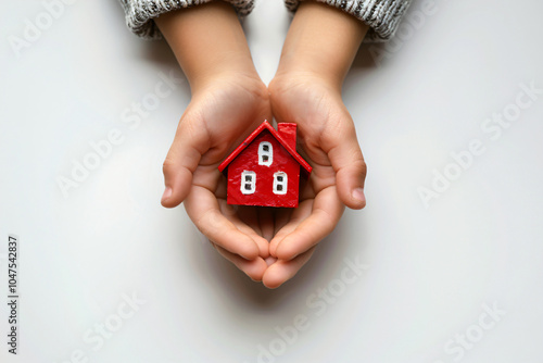 Overhead view on person hands holding red house model on white background. Home for sale, for rent, mortgage concept. Saving money. Copy space photo