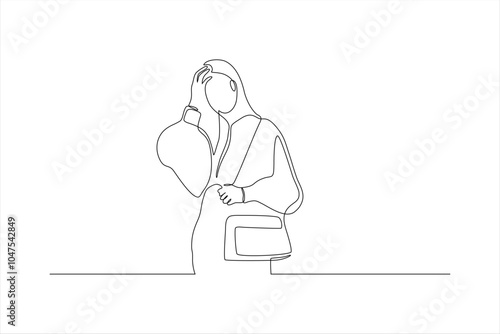 A minimalist line drawing of a woman with a bag, conveying a sense of contemplation.