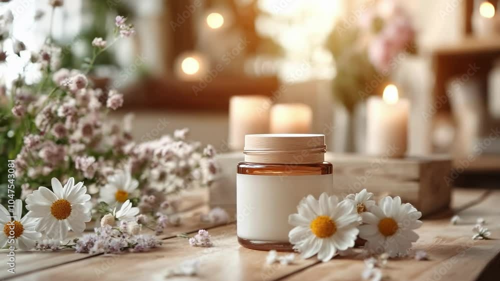 Soothing candle with daisies and soft lighting, creating a relaxing and peaceful atmosphere for self-care or aromatherapy Soothing candle with daisies and soft lighting, creating a relaxing and peaceful atmosphere for self-care or aromatherapy